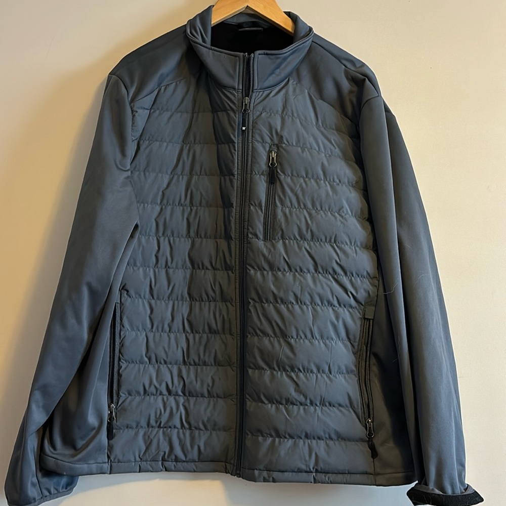 Grey puffy insulated jacket.